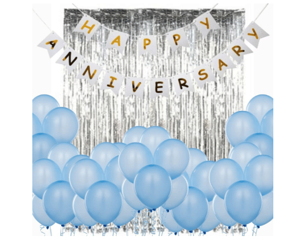     			Blooms Mall Happy Anniversary  White Banner, Silver fringe, Light Blue Balloons Set of 12 Pcs