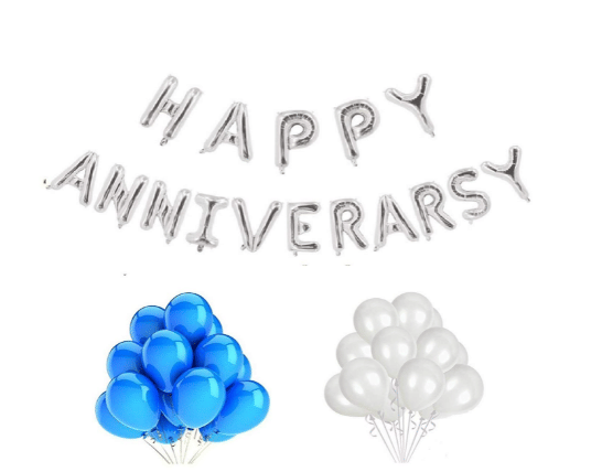     			Blooms Mall Silver Happy Anniversary Foil Balloon+ Blue & White balloon Combo set