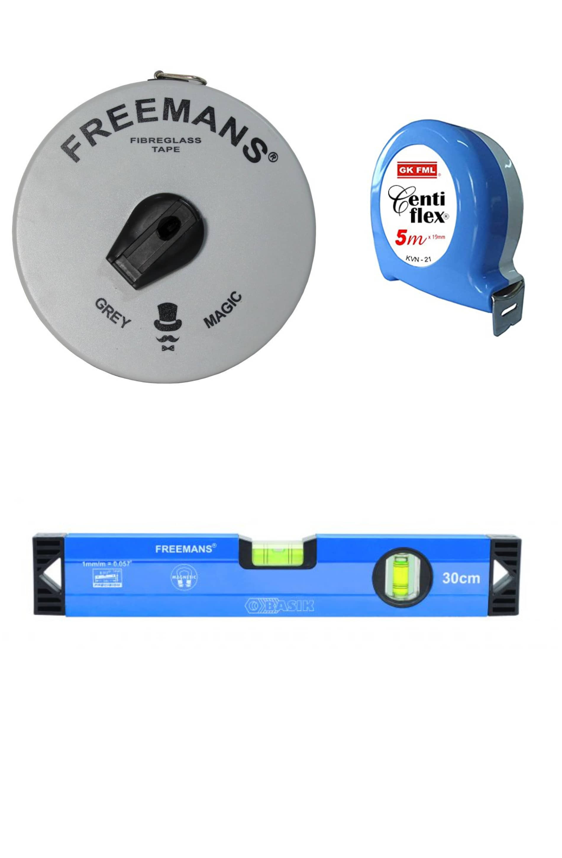 Freemans Grey Magic 15 Mtr Measuring Tape/Centi Flex 5 Mtr Measuring Tape/ Spirt Level 30 cm.