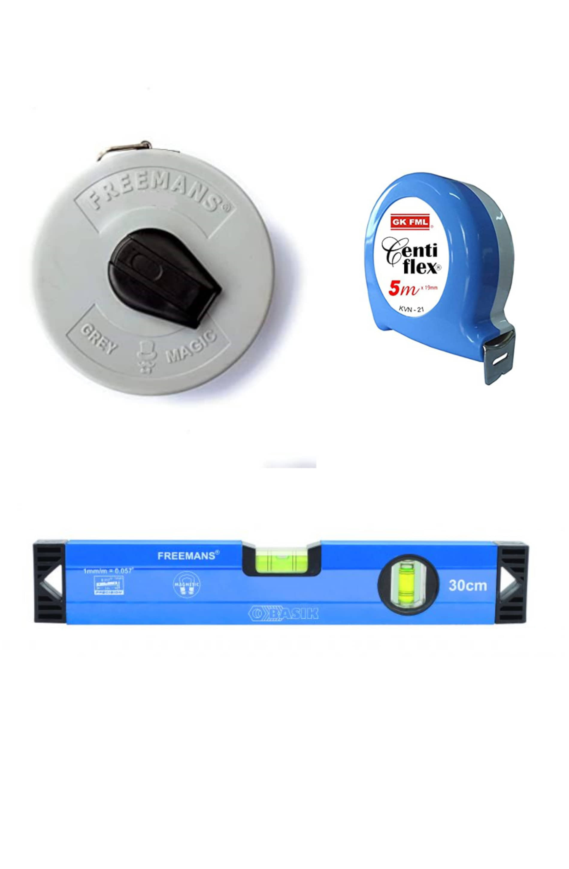 Freemans Grey Magic 7.5 Mtr Measuring Tape/Centi Flex 5 Mtr Measuring Tape/Spirt Level 30 cm.