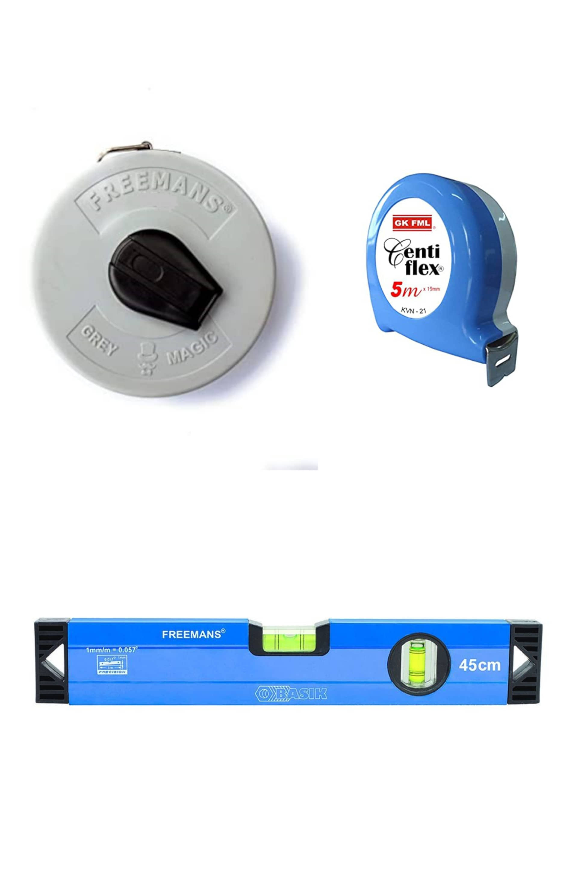 Freemans Grey Magic 7.5 Mtr Measuring Tape/Centi Flex 5 Mtr Measuring Tape/Spirt Level 45 cm.