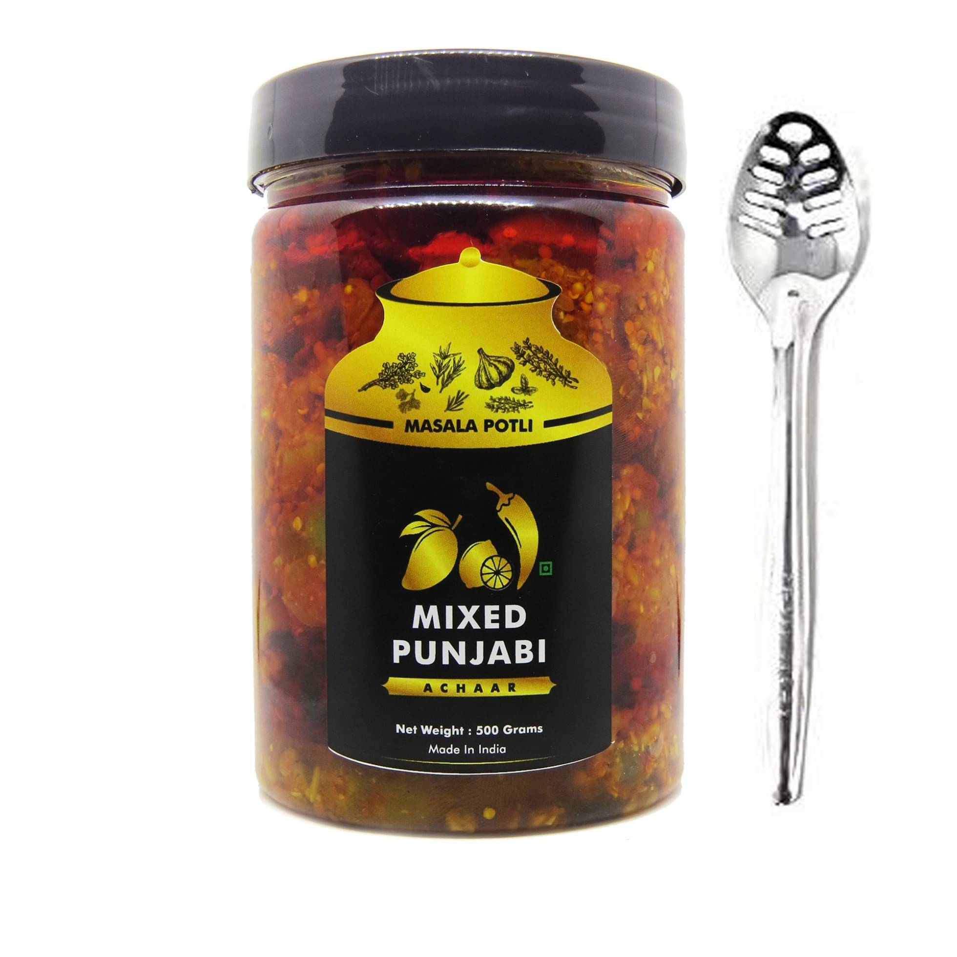 Masala Potli Homemade Punjabi Mixed Pickle & Spoon | Mustard Oil Used | Pachranga Mixed Achaar Pickle 500 g     			Masala Potli Homemade Punjabi Mixed Pickle & Spoon | Mustard Oil Used | Pachranga Mixed Achaar Pickle 500 g