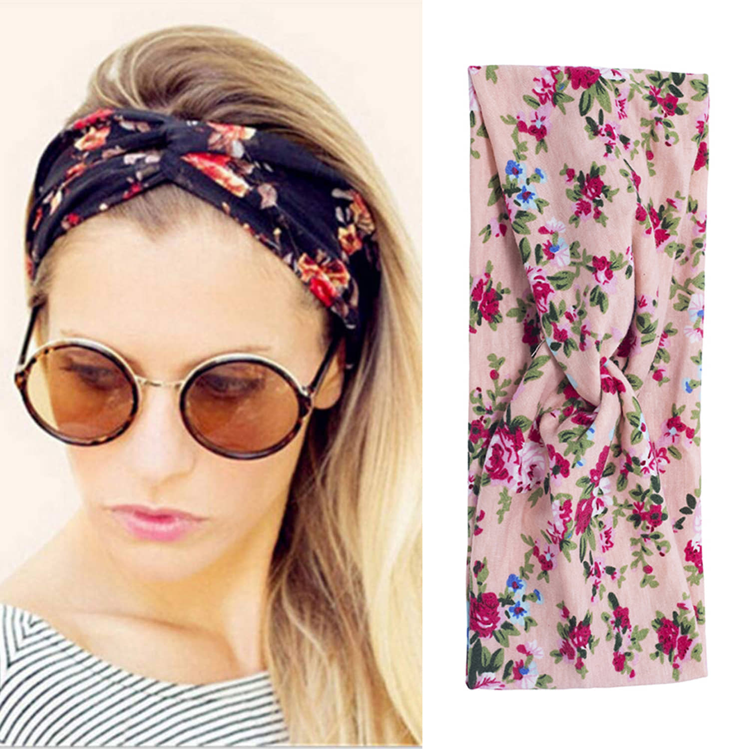 FOK 2 Pc Flower Printed Twist Knotted Yoga Sport Head Wrap Hairband Women and Girls - Cream