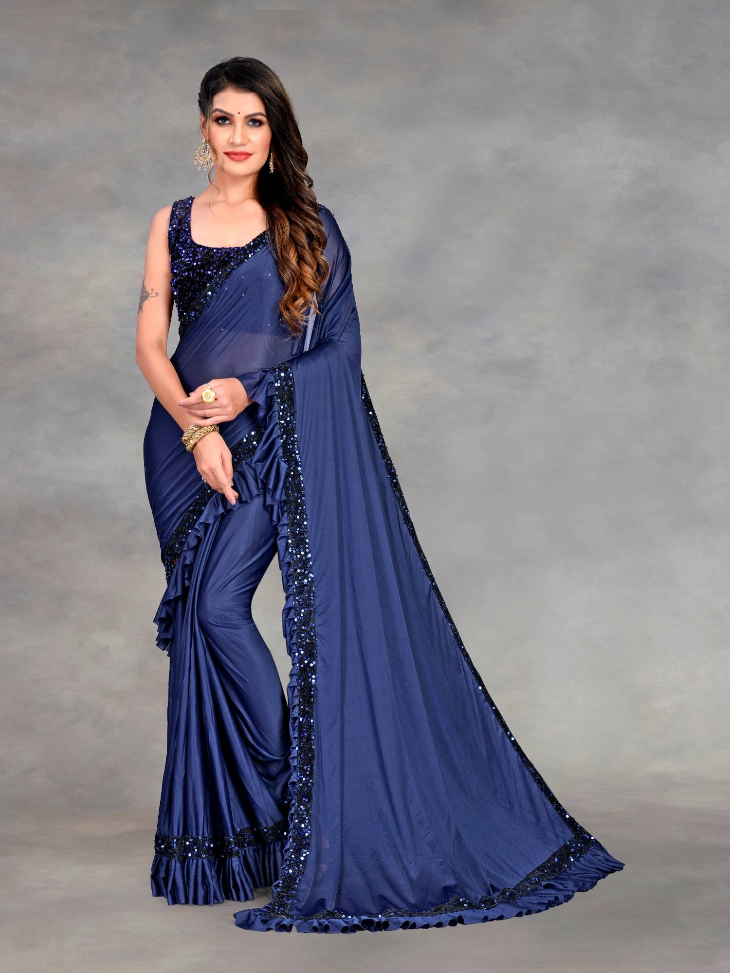 Aika Lycra Embroidered Saree With Unstitched Blouse Piece ( Blue ) Aika Lycra Embroidered Saree With Unstitched Blouse Piece ( Blue )