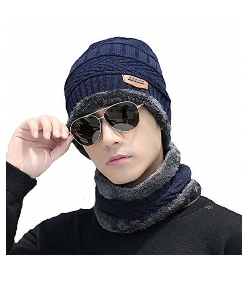     			PENYAN Men's Blue Woolen Cap with Neck Muffler/Neckwarmer