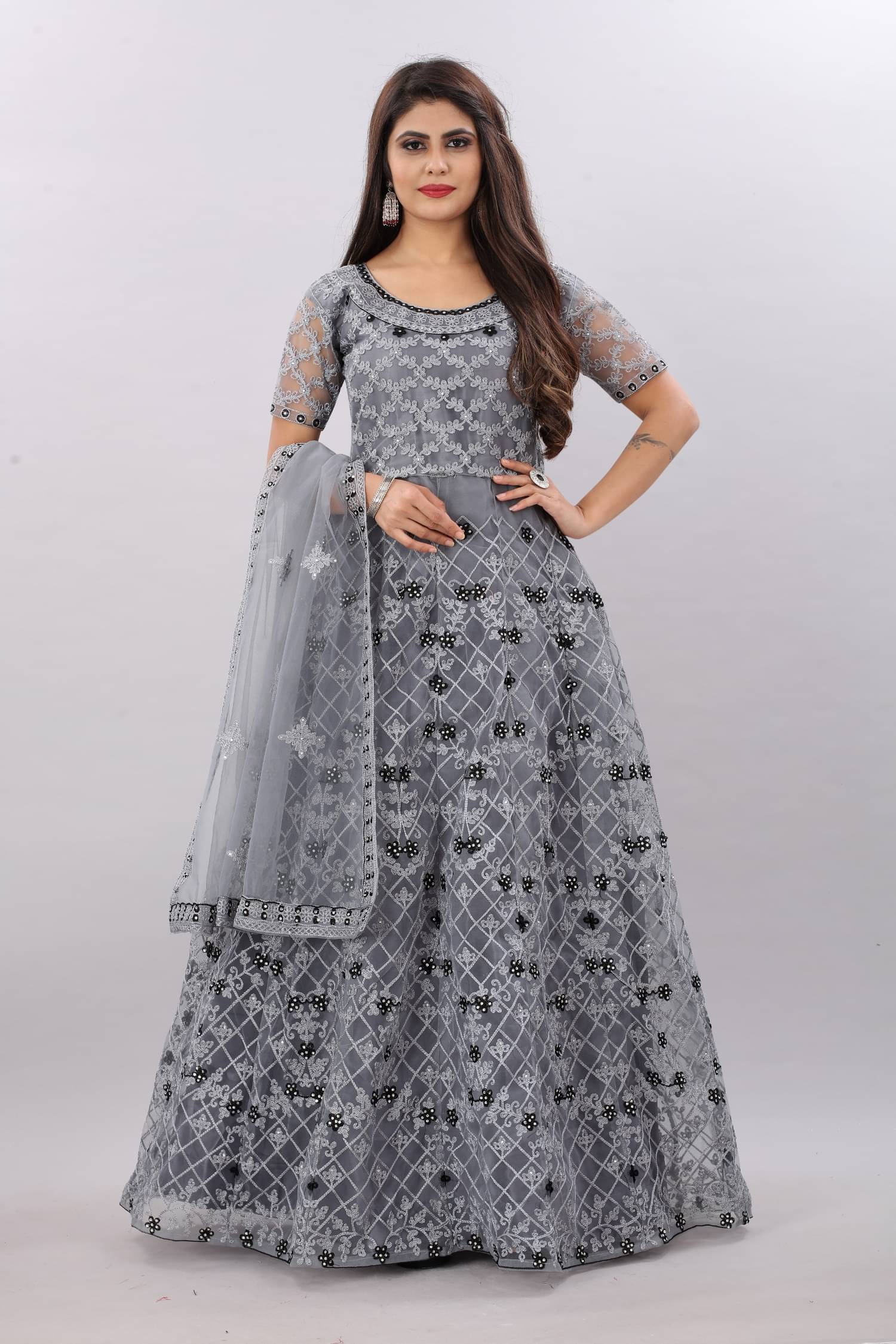     			Apnisha Grey Net Ethnic Gown - Single