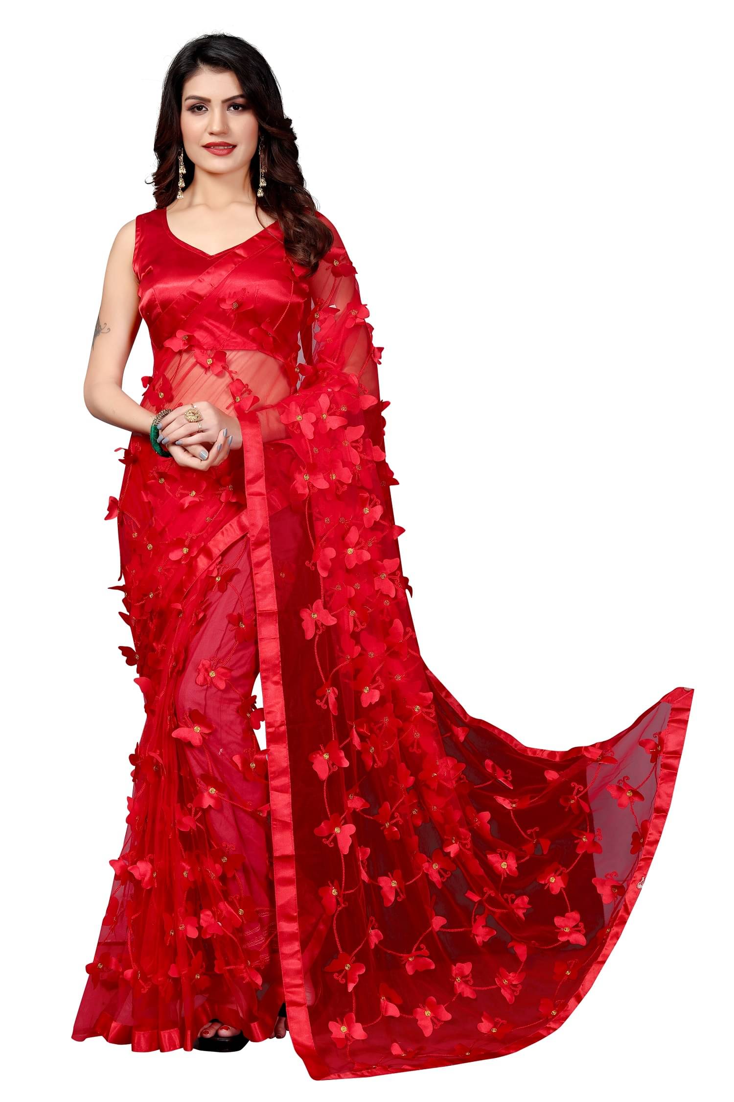 Apnisha Net Embroidered Saree With Unstitched Blouse Piece ( Red ) Apnisha Net Embroidered Saree With Unstitched Blouse Piece ( Red )