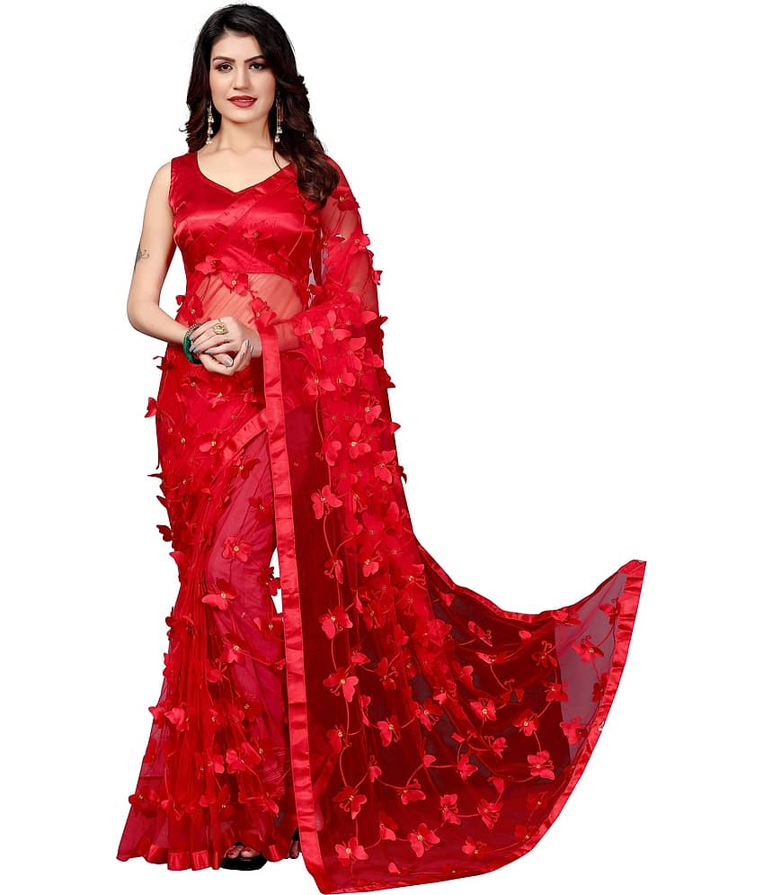 Apnisha Net Embroidered Saree With Unstitched Blouse Piece ( Red ) - Sarees | Buy online on ZillyBuy