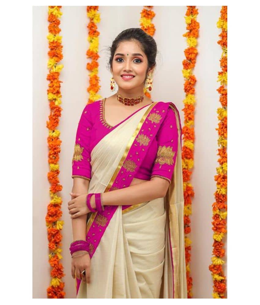 Bhuwal Fashion Silk Blend Embroidered Saree With Unstitched Blouse Piece ( Pink ) - Sarees | Buy online on ZillyBuy