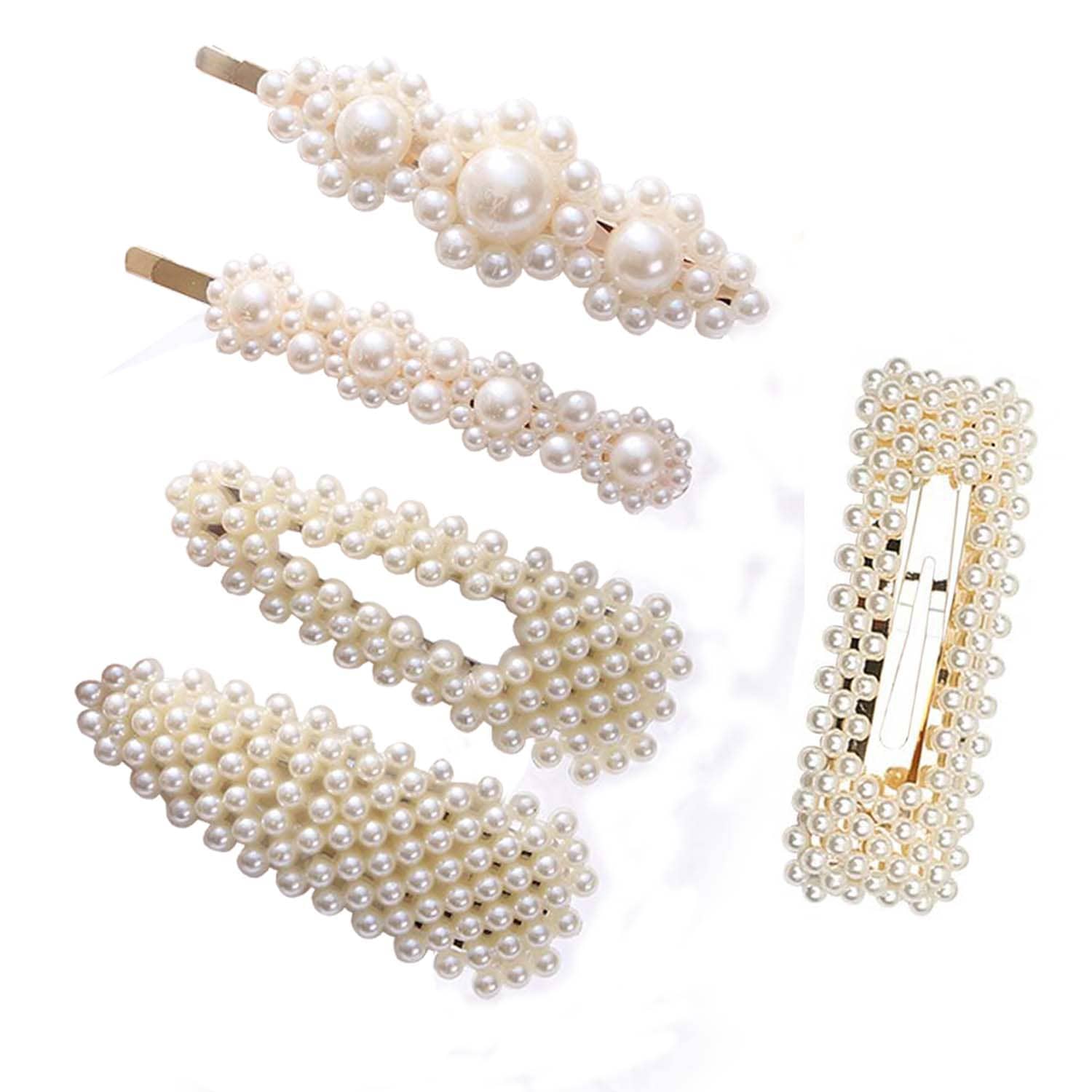FOK 5 Pcs Pearl Stylish Hair Barrettes Design Hair Styling Clip Pin For Girls & Women