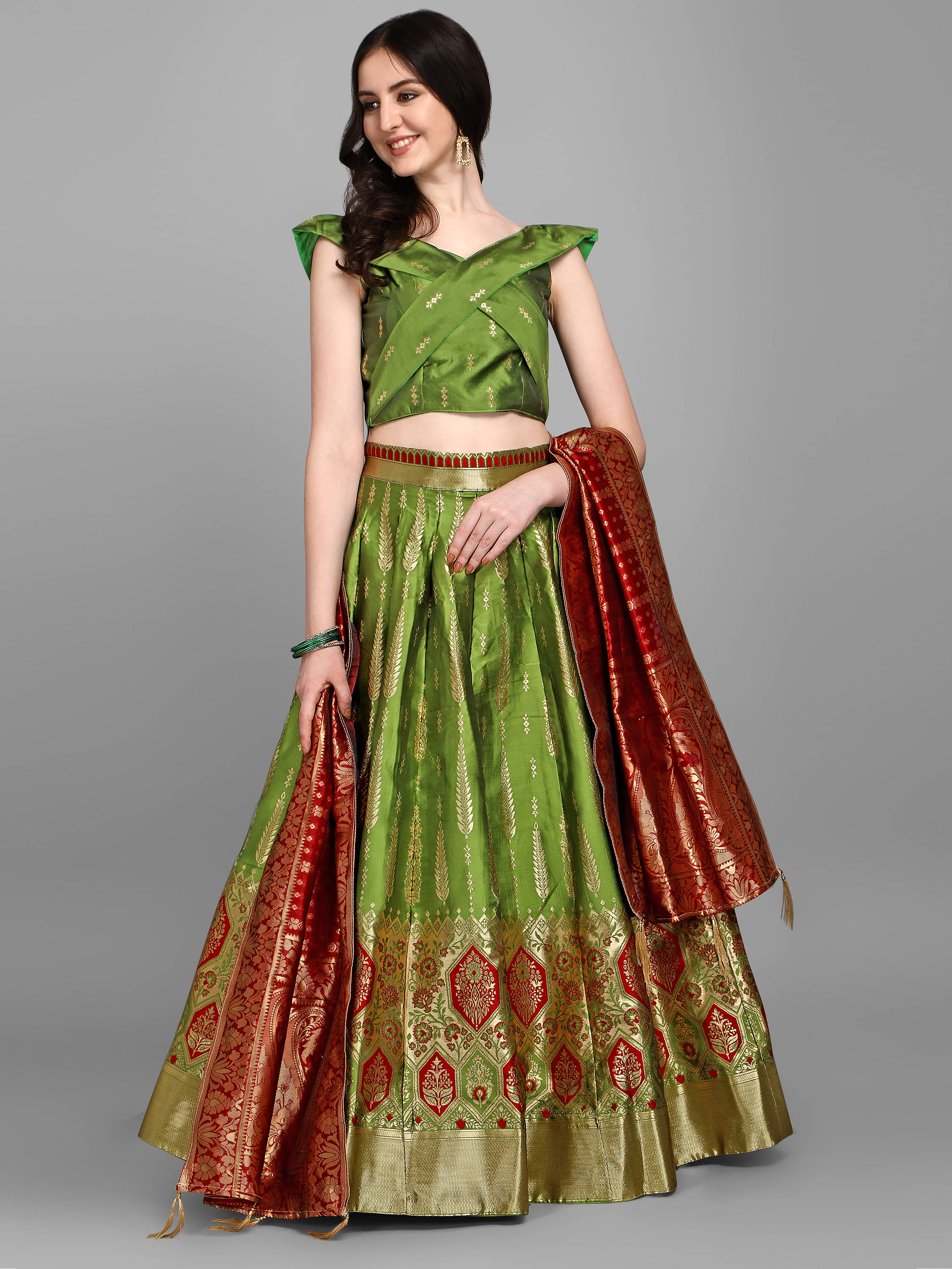 PURVAJA Green Jacquard Circular Semi Stitched Lehenga Single     			PURVAJA Green Jacquard Circular Semi Stitched Lehenga Single