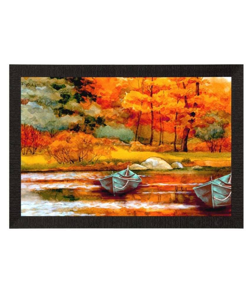     			eCraftIndia Orange & Green River Side Autumn Season View Satin Matt Texture UV Art Painting