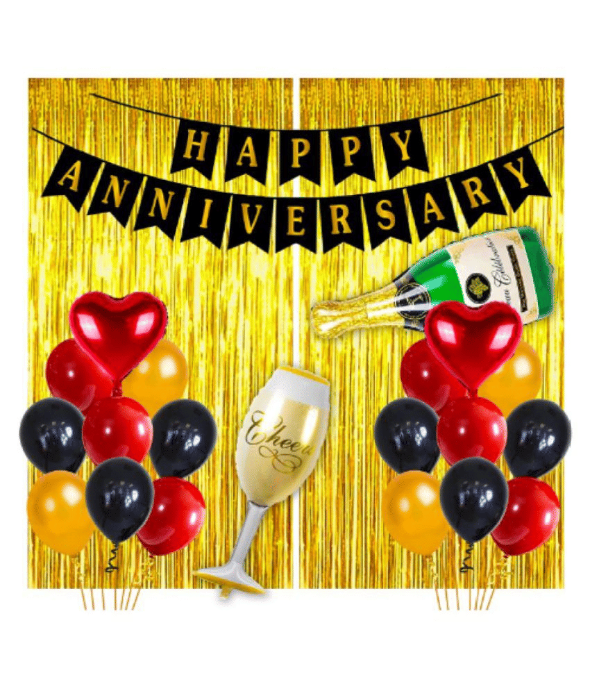     			Blooms Event Happy Anniversary Decoration Items Combo Golden Foil Curtain, 50pcs Black Golden Red Metallic Balloon, 2pcs Red Heart Foil Balloon, 1pc Cheers Foil Balloon, 1pc Foil Balloon