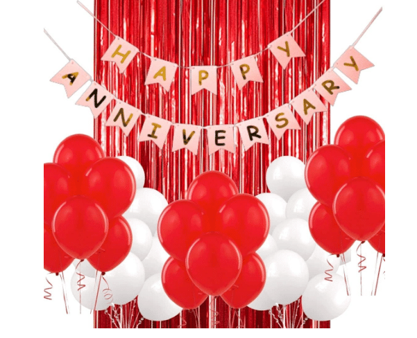     			Blooms Event Happy Anniversary  Red Banner, 1 Red fringe,  10 pcs Red, 10 pcs White Balloons Set of 22 Pcs