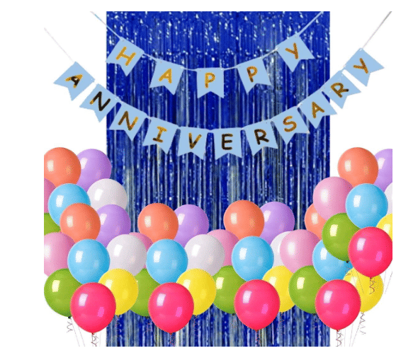     			Blooms Event Happy  Anniversary decoration kit Blue Banner, Blue Fringe, Multicolor Balloons Set of 12 Pcs
