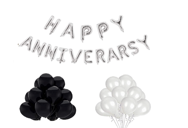     			Blooms Event Silver Happy Anniversary Foil Balloon +Black & White balloon Combo set