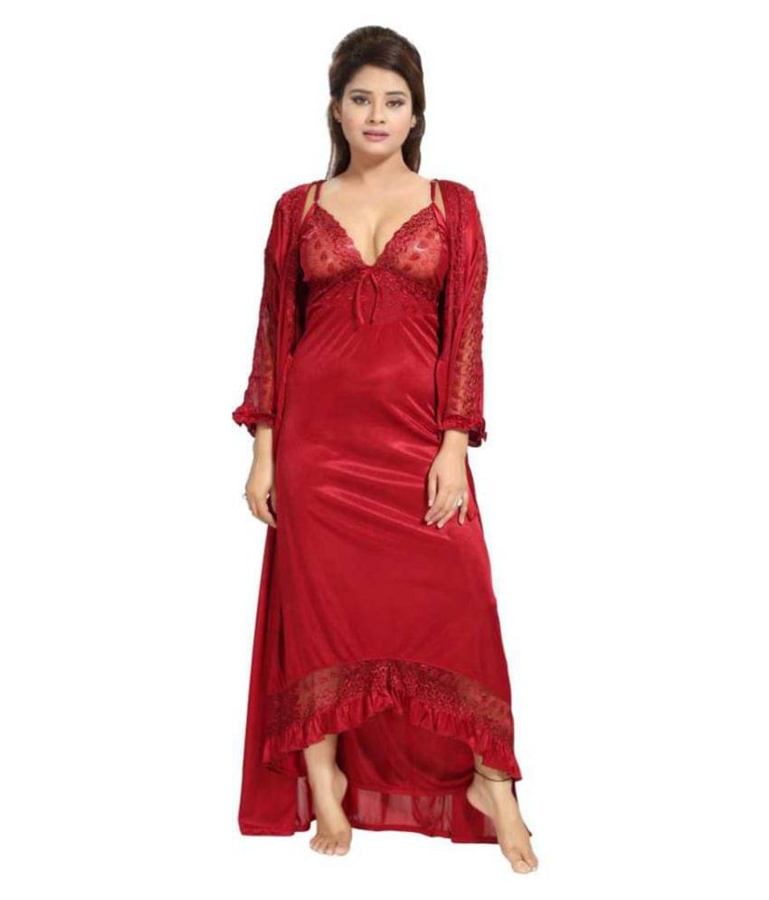     			Gutthi Satin Nighty & Night Gowns - Red Pack of 2