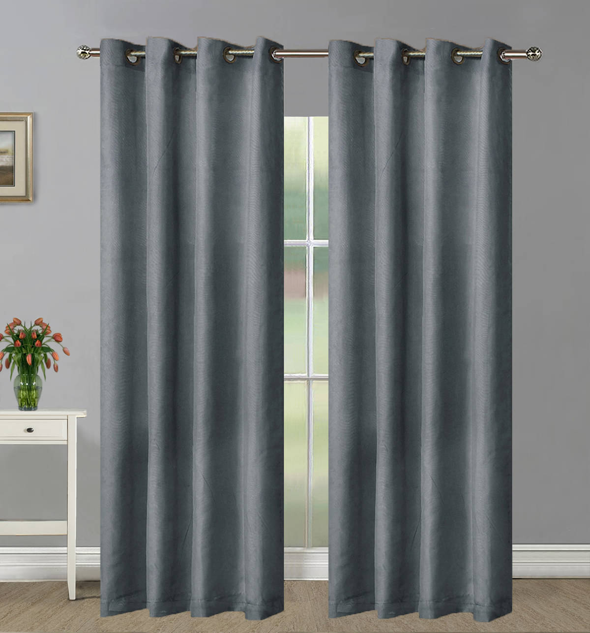     			Home Candy Set of 2 Long Door Blackout Room Darkening Eyelet Polyester Grey Curtains ( 274 x 114 cm )