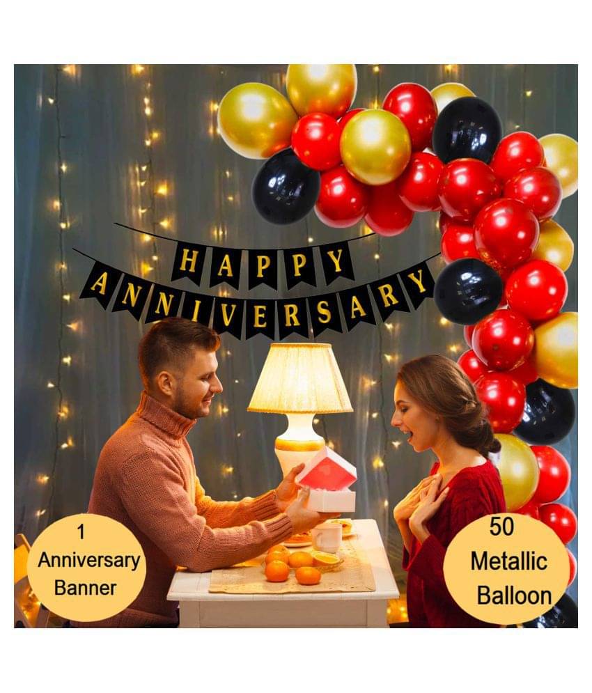     			Kiran Enterprises Happy Anniversary Banner ( Black ) + 50 Metallic Balloon ( Red, Gold, Black )