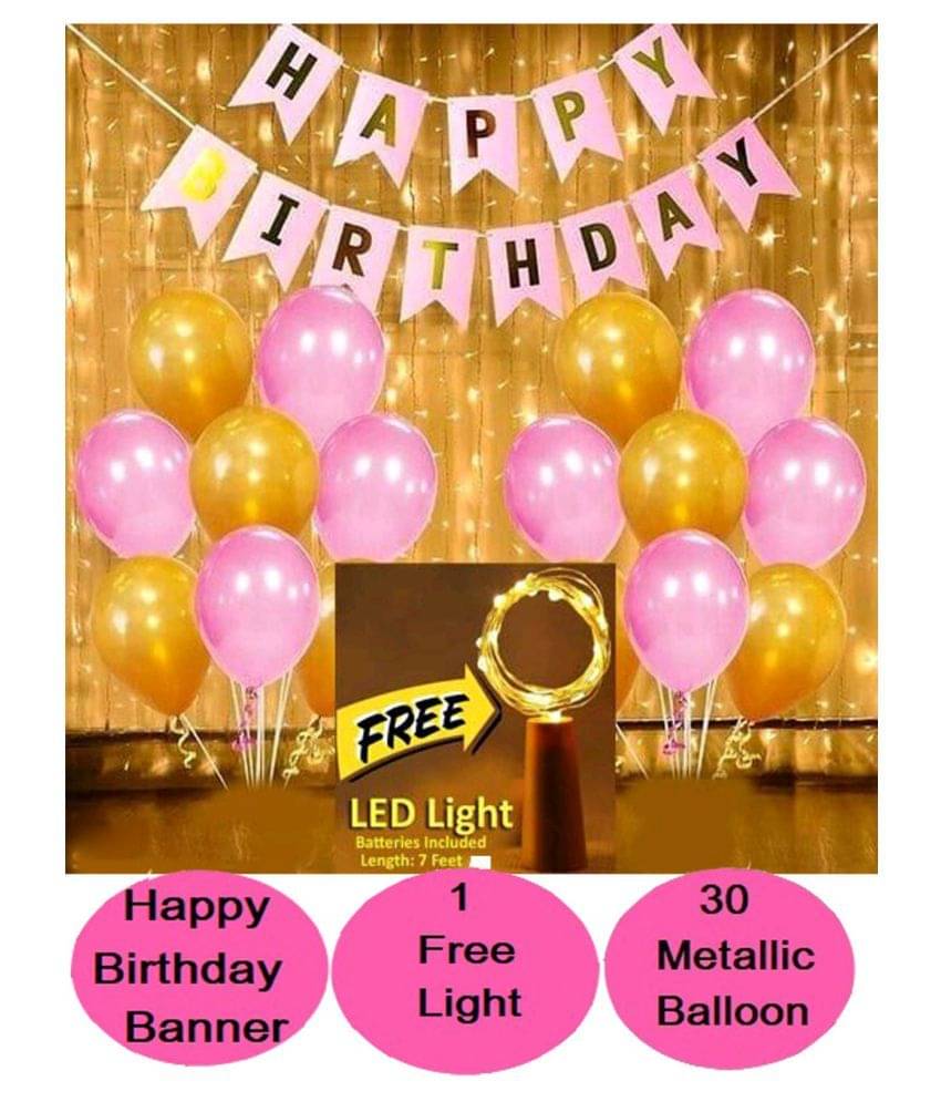 Kiran Enterprises Happy Birthday Banner ( Pink ) + 30 Metallic Balloon ( Pink, Gold ) + FREE 1pcs LED Light With Battery (7 Feet) Kiran Enterprises Happy Birthday Banner ( Pink ) + 30 Metallic Balloon ( Pink, Gold ) + FREE 1pcs LED Light With Battery (7 Feet)