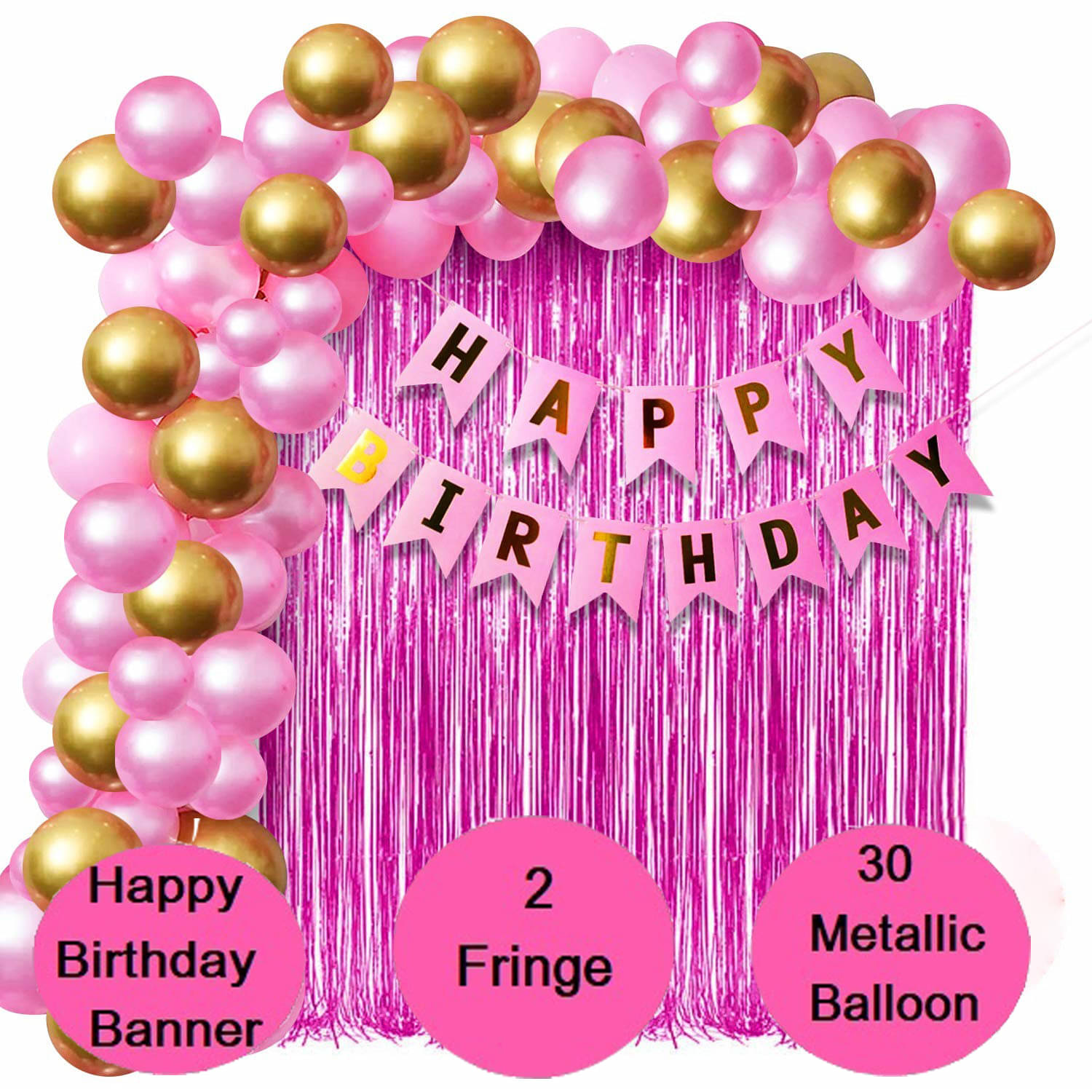     			Kiran Enterprises Happy Birthday Banner ( Pink ) + 2pcs Pink Fringe Curtain + 30 Metallic Balloons ( Pink, Gold )