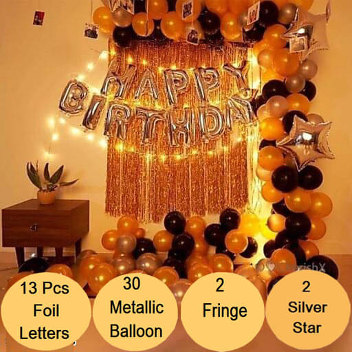     			Kiran Enterprises Happy Birthday Foil Letter Balloon ( Silver ) + 2pcs Silver Star Foil + 2pcs Silver Fringe Curtain + 30 Metallic Balloon ( Black, Gold, Silver )