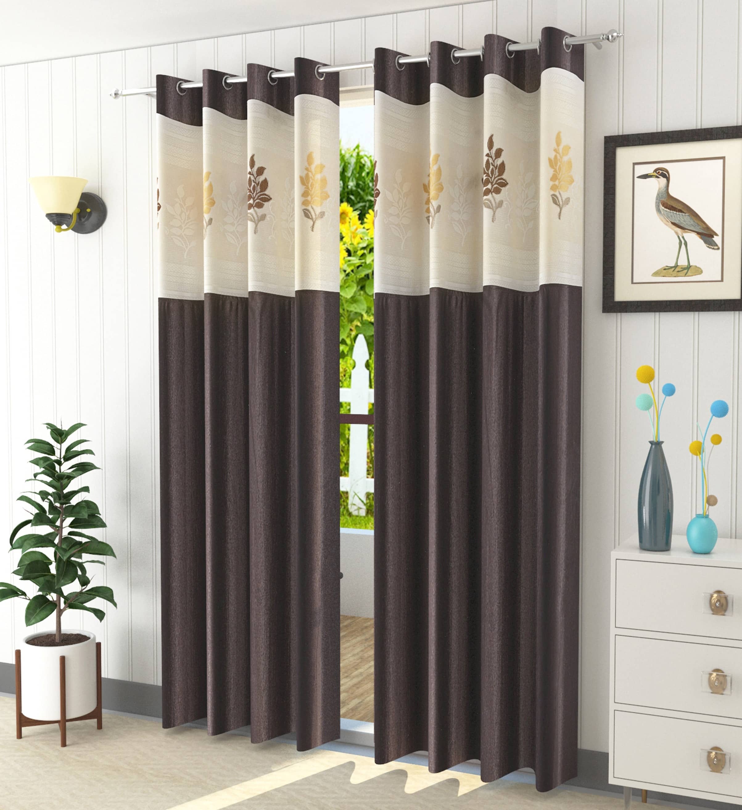 LaVichitra Floral Semi-Transparent Eyelet Window Curtain 5ft (Pack of 2) - Maroon