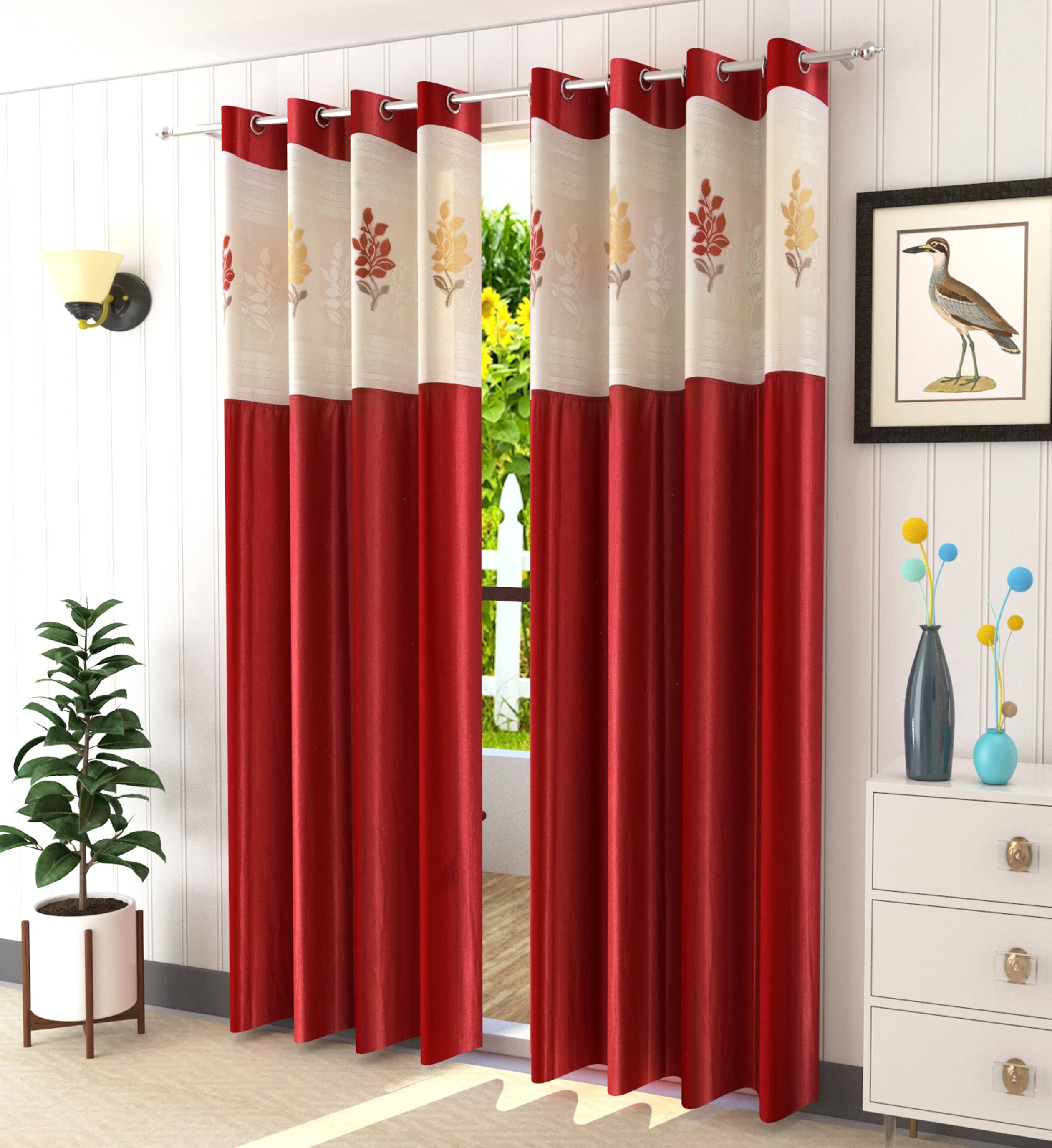 LaVichitra Floral Semi-Transparent Eyelet Window Curtain 5ft (Pack of 2) - Maroon