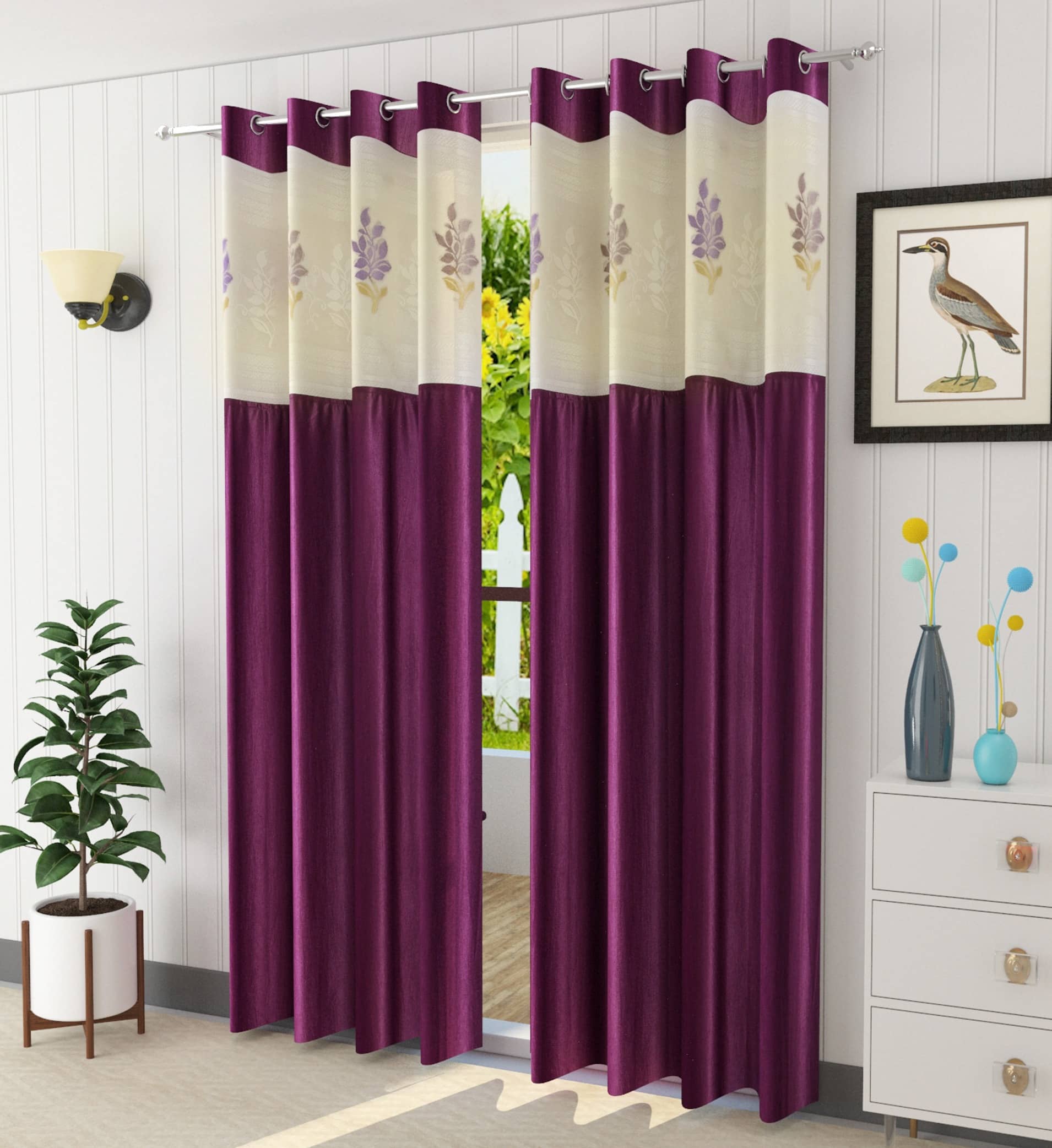 LaVichitra Floral Semi-Transparent Eyelet Window Curtain 5ft (Pack of 2) - Maroon