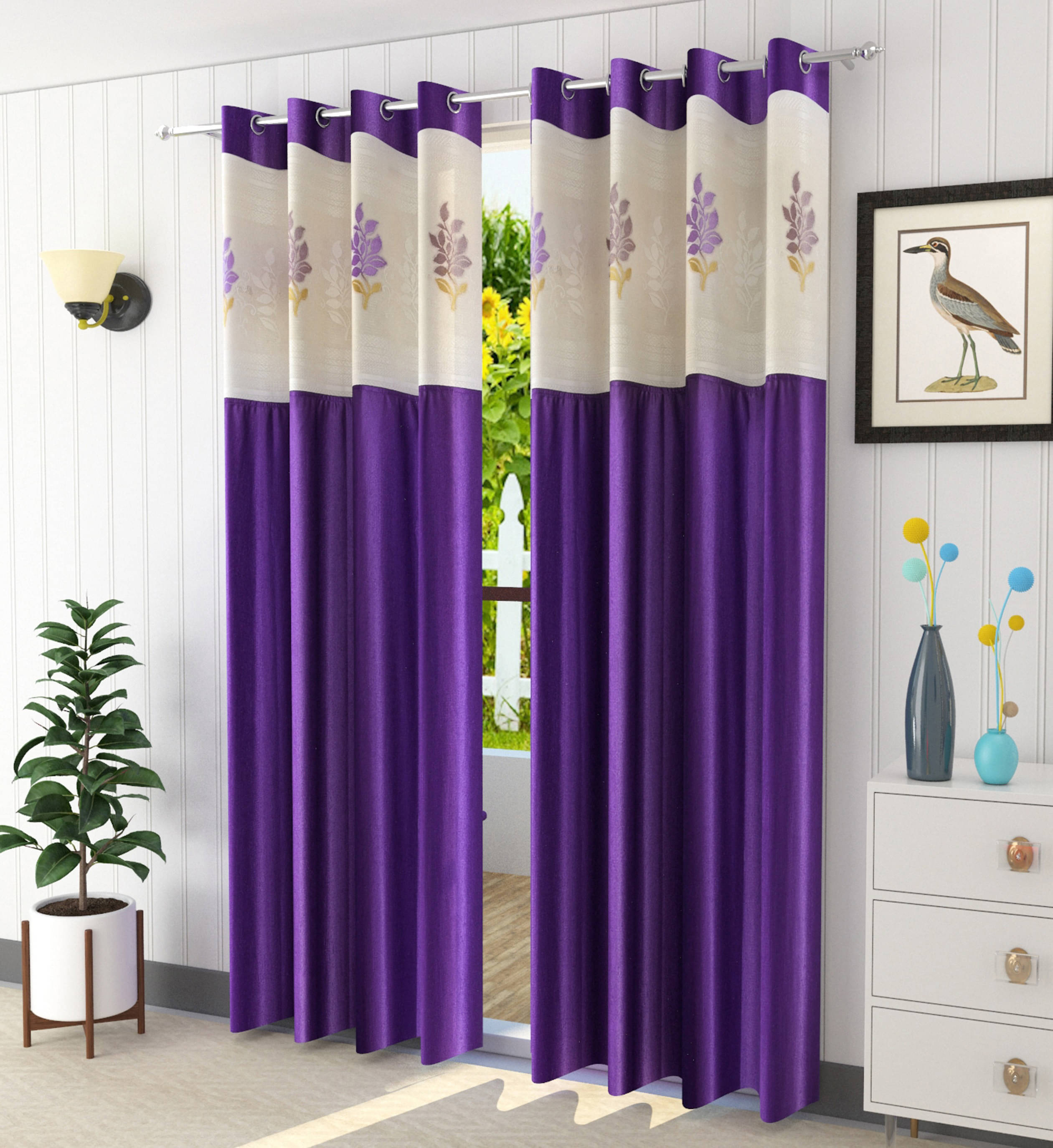 LaVichitra Floral Semi-Transparent Eyelet Window Curtain 5ft (Pack of 2) - Purple LaVichitra Floral Semi-Transparent Eyelet Window Curtain 5ft (Pack of 2) - Purple