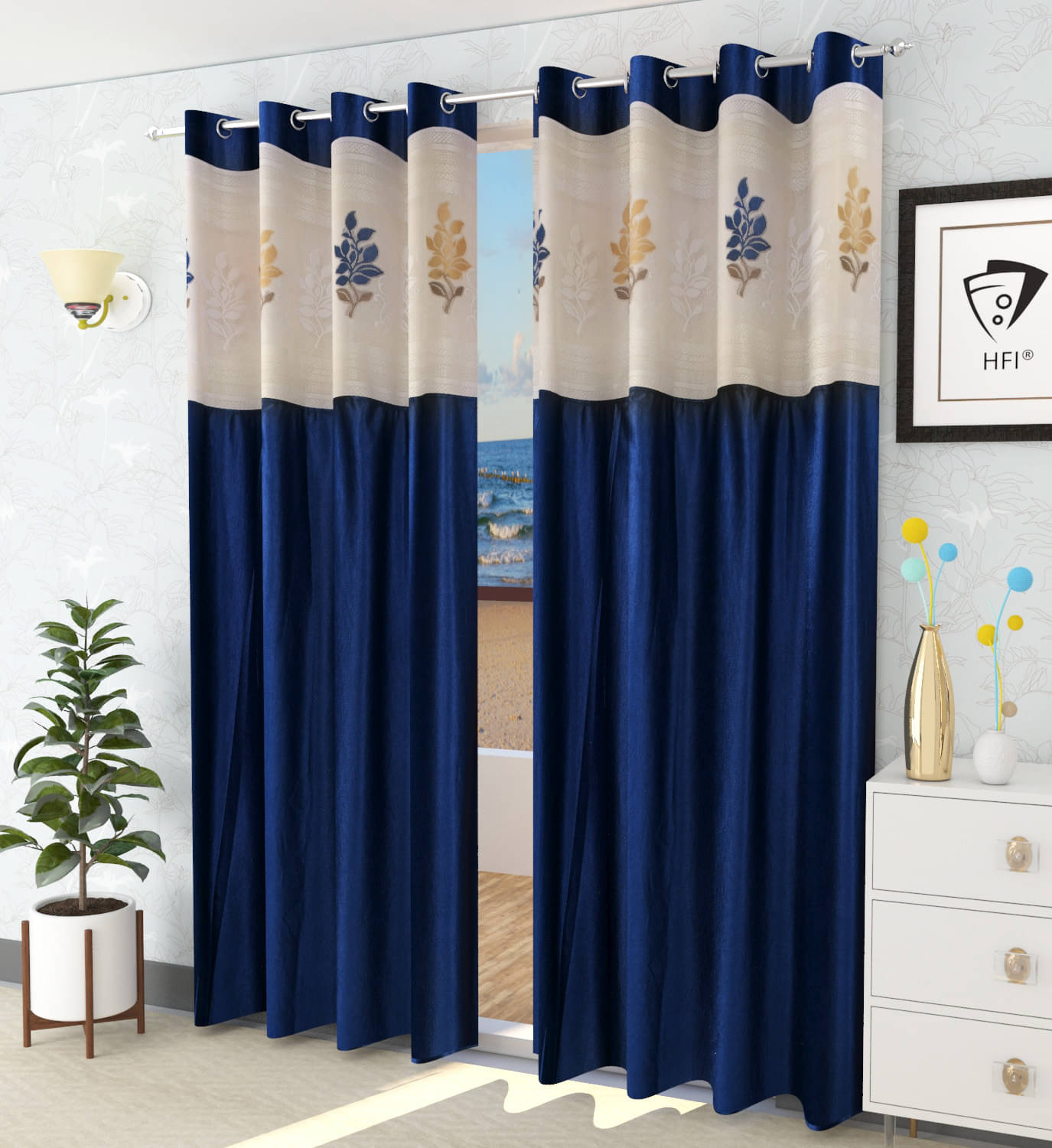 LaVichitra Floral Semi-Transparent Eyelet Window Curtain 5ft (Pack of 2) - Navy Blue LaVichitra Floral Semi-Transparent Eyelet Window Curtain 5ft (Pack of 2) - Navy Blue
