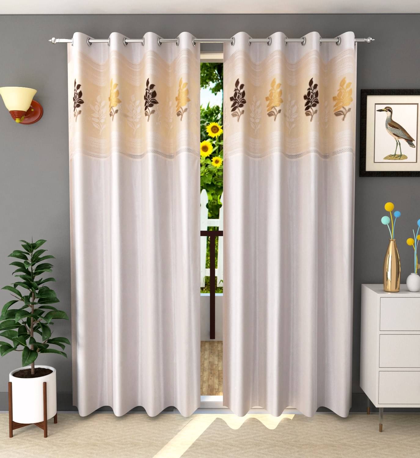 LaVichitra Floral Semi-Transparent Eyelet Window Curtain 5ft (Pack of 2) - Cream LaVichitra Floral Semi-Transparent Eyelet Window Curtain 5ft (Pack of 2) - Cream