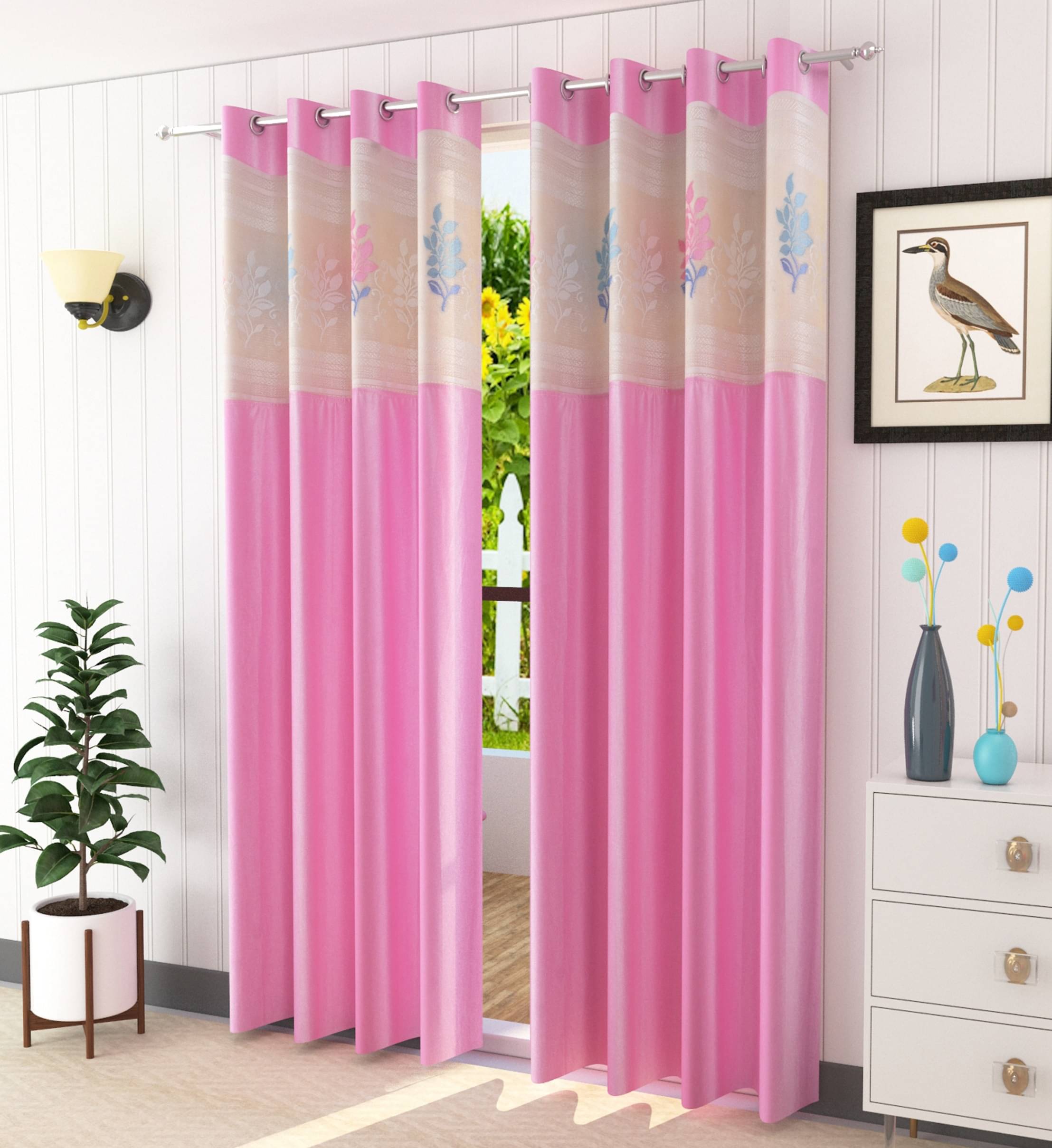 LaVichitra Floral Semi-Transparent Eyelet Door Curtain 6ft (Pack of 2) - Pink LaVichitra Floral Semi-Transparent Eyelet Door Curtain 6ft (Pack of 2) - Pink
