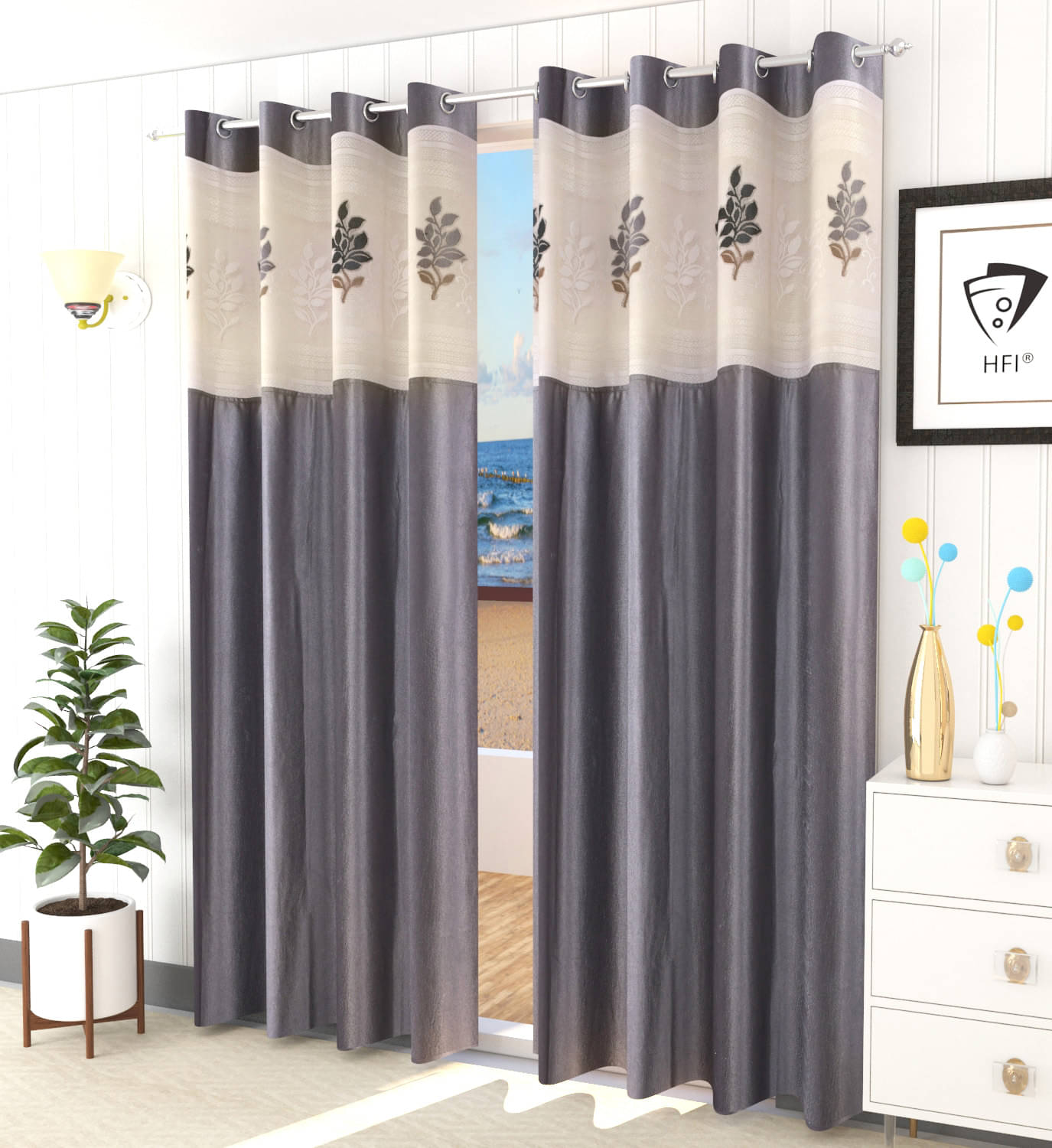 LaVichitra Floral Semi-Transparent Eyelet Door Curtain 6ft (Pack of 2) - Grey LaVichitra Floral Semi-Transparent Eyelet Door Curtain 6ft (Pack of 2) - Grey