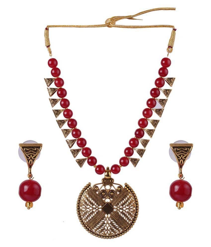 PUJVI Alloy Maroon Contemporary/Fashion Necklaces Set Long Haram