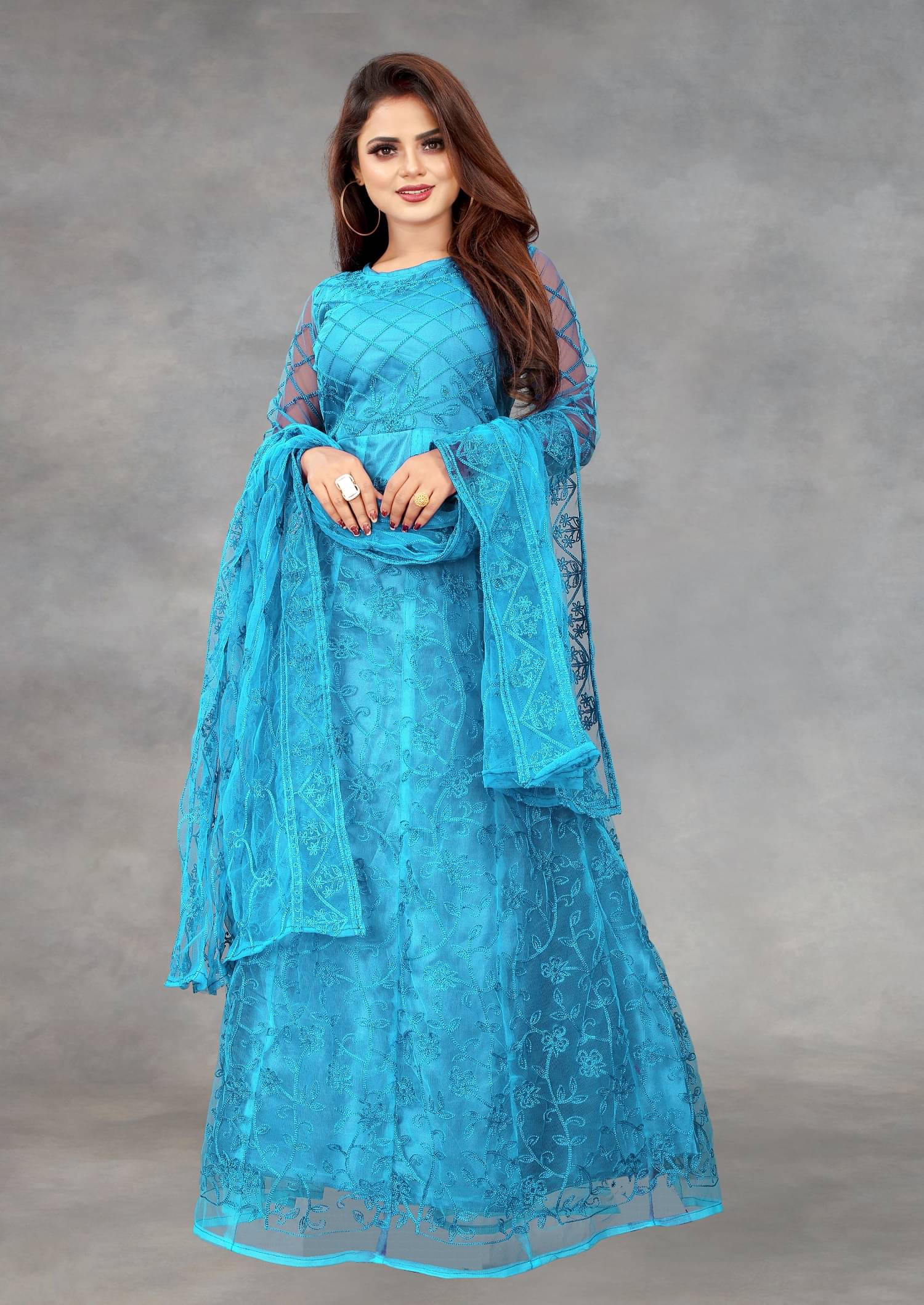     			Aika Blue Net Ethnic Gown - Single