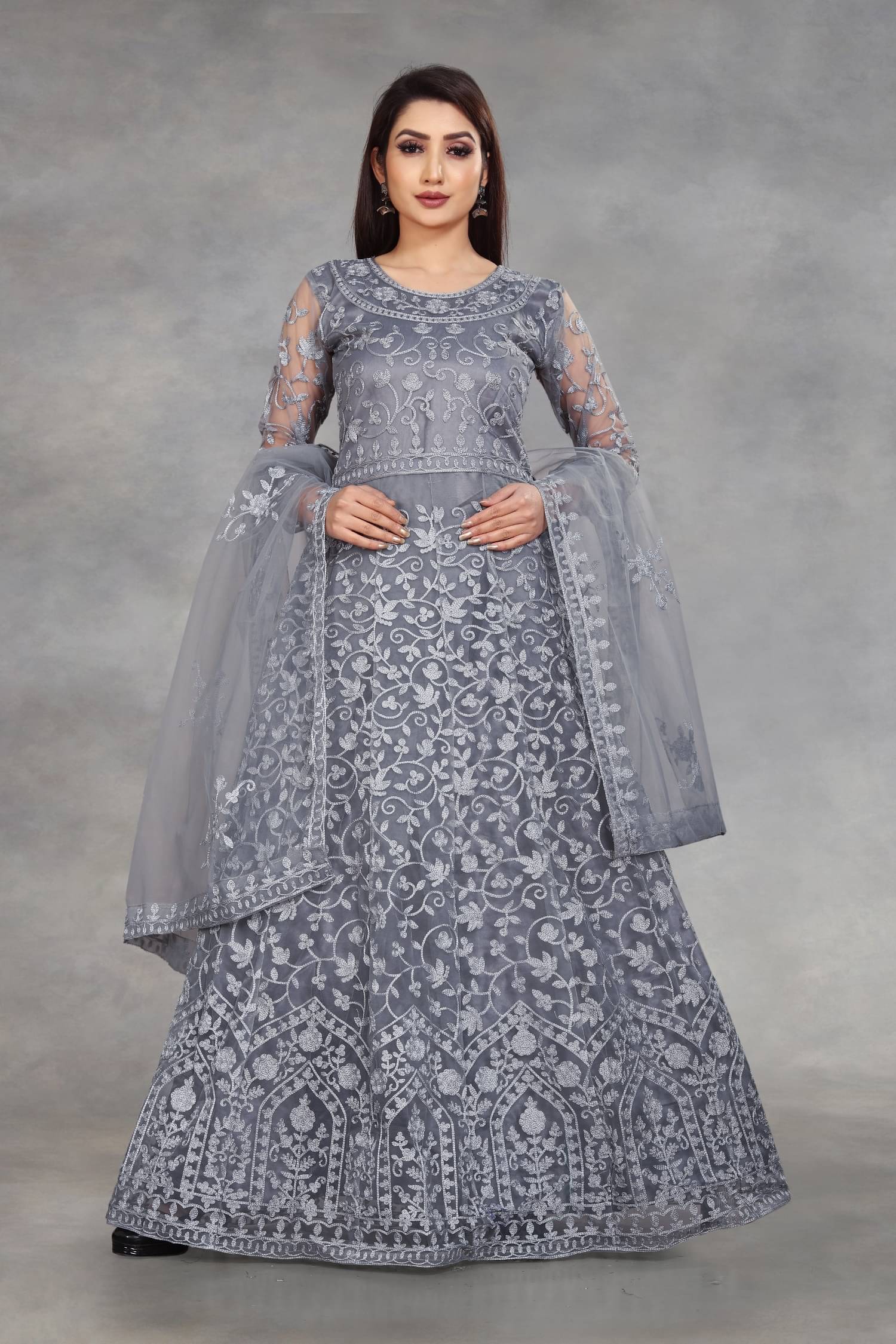     			Aika Grey Net Ethnic Gown - Single