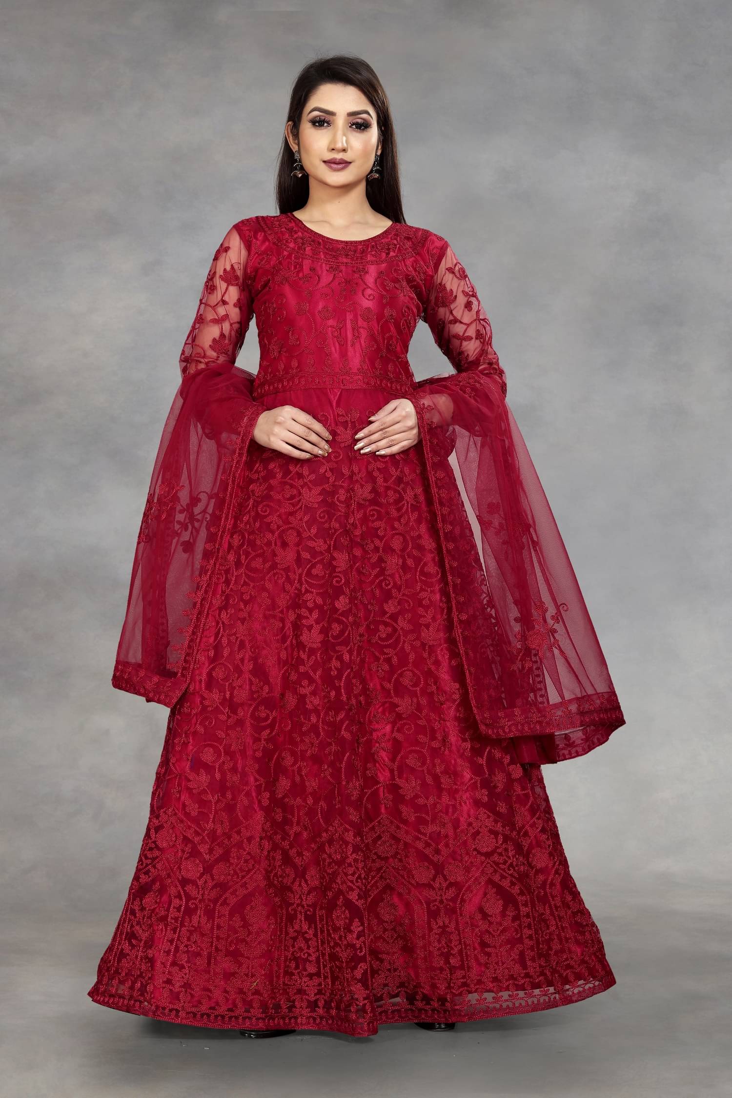 Aika Maroon Net Ethnic Gown - Single Aika Maroon Net Ethnic Gown - Single