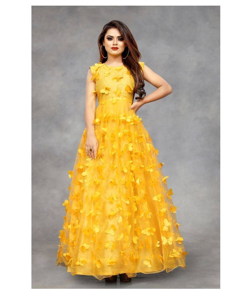 Aika Yellow Net Ethnic Gown - Single     			Aika Yellow Net Ethnic Gown - Single