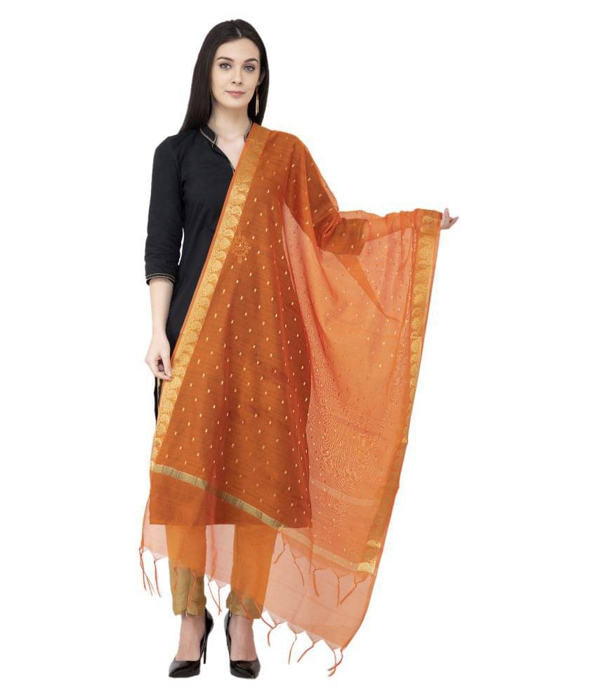 A R Silk Orange Chanderi Hand Embroidered Dupatta - Single A R Silk Orange Chanderi Hand Embroidered Dupatta - Single
