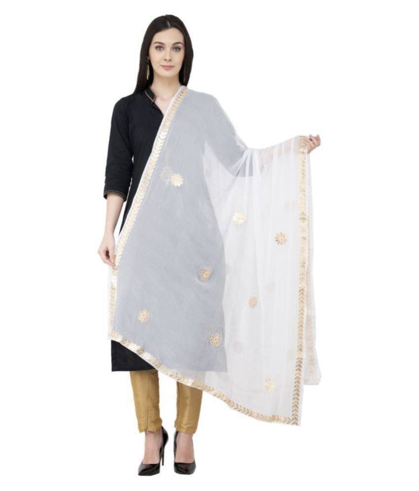     			A R Silk White Chiffon Hand Embroidered Dupatta - Single