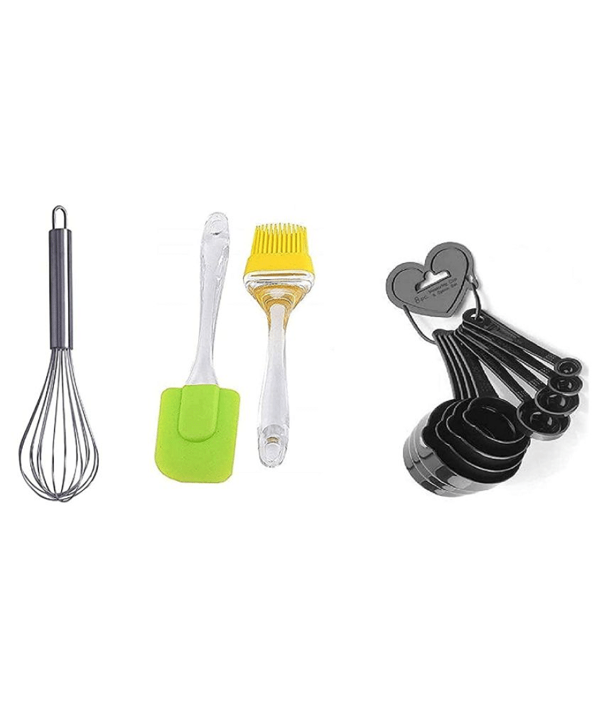     			Blooms Mall 8 Pcs Black Measuring Cups and Spoons Set, Silicone  Spatula and Brush Set+ whisk