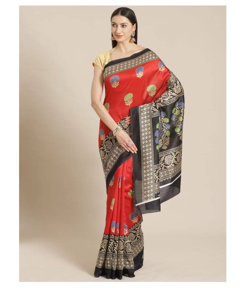     			Grubstaker Art Silk Printed Saree With Unstitched Blouse Piece ( Red )