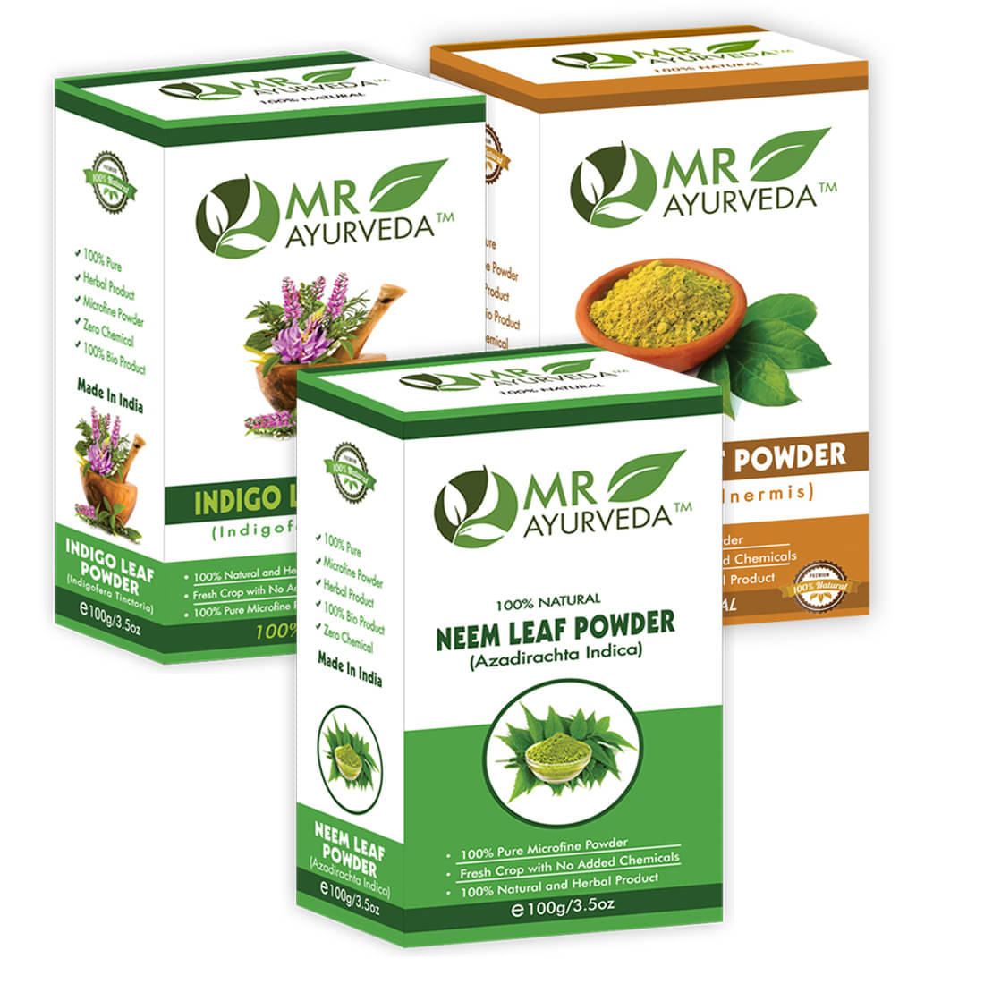 MR Ayurveda 100% Natural Neem Powder, Indigo & Henna Powder Hair Scalp Treatment 300 g Pack of 3     			MR Ayurveda 100% Natural Neem Powder, Indigo & Henna Powder Hair Scalp Treatment 300 g Pack of 3