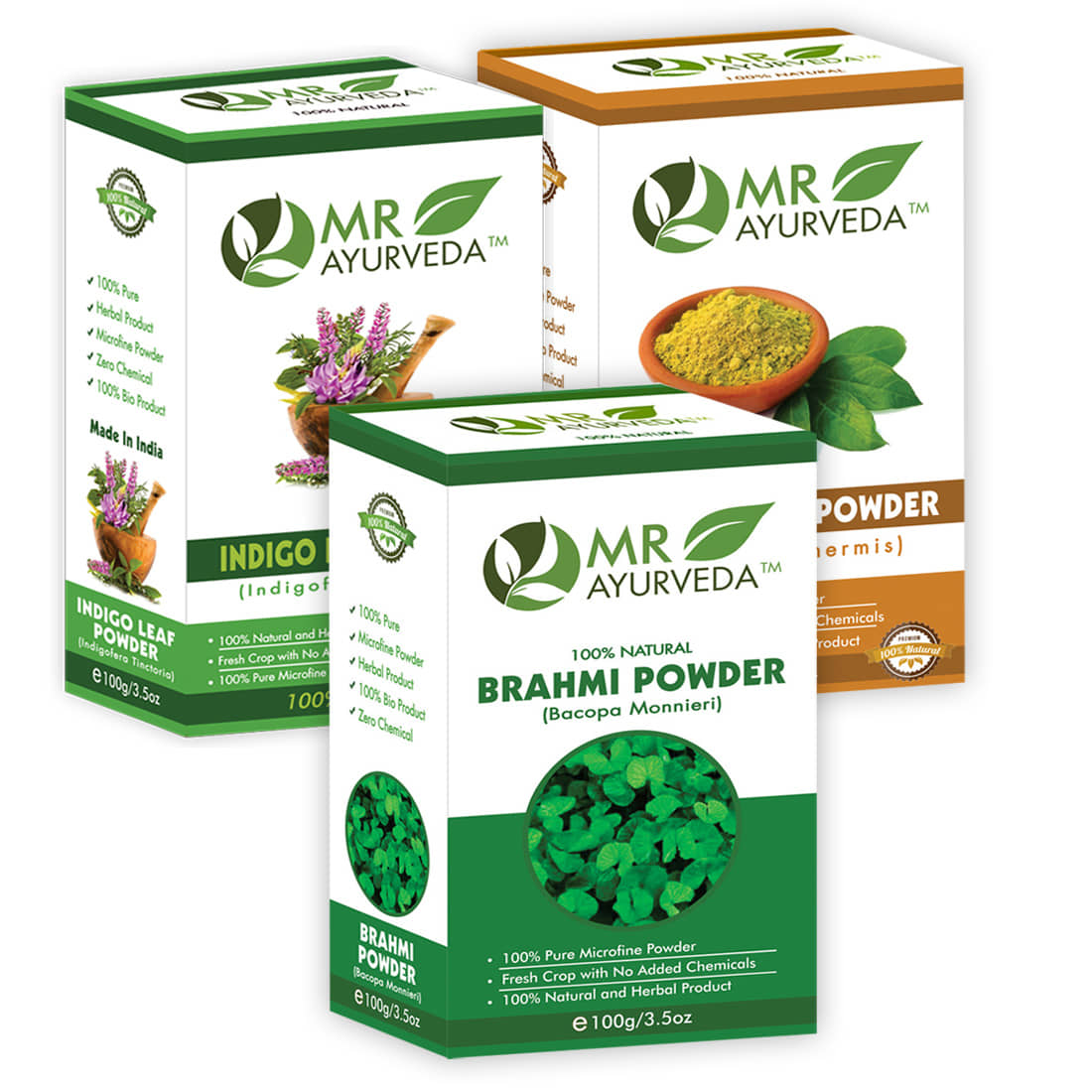 MR Ayurveda 100% Organic Brahmi, Indigo & Henna Powder Hair Scalp Treatment 300 g Pack of 3