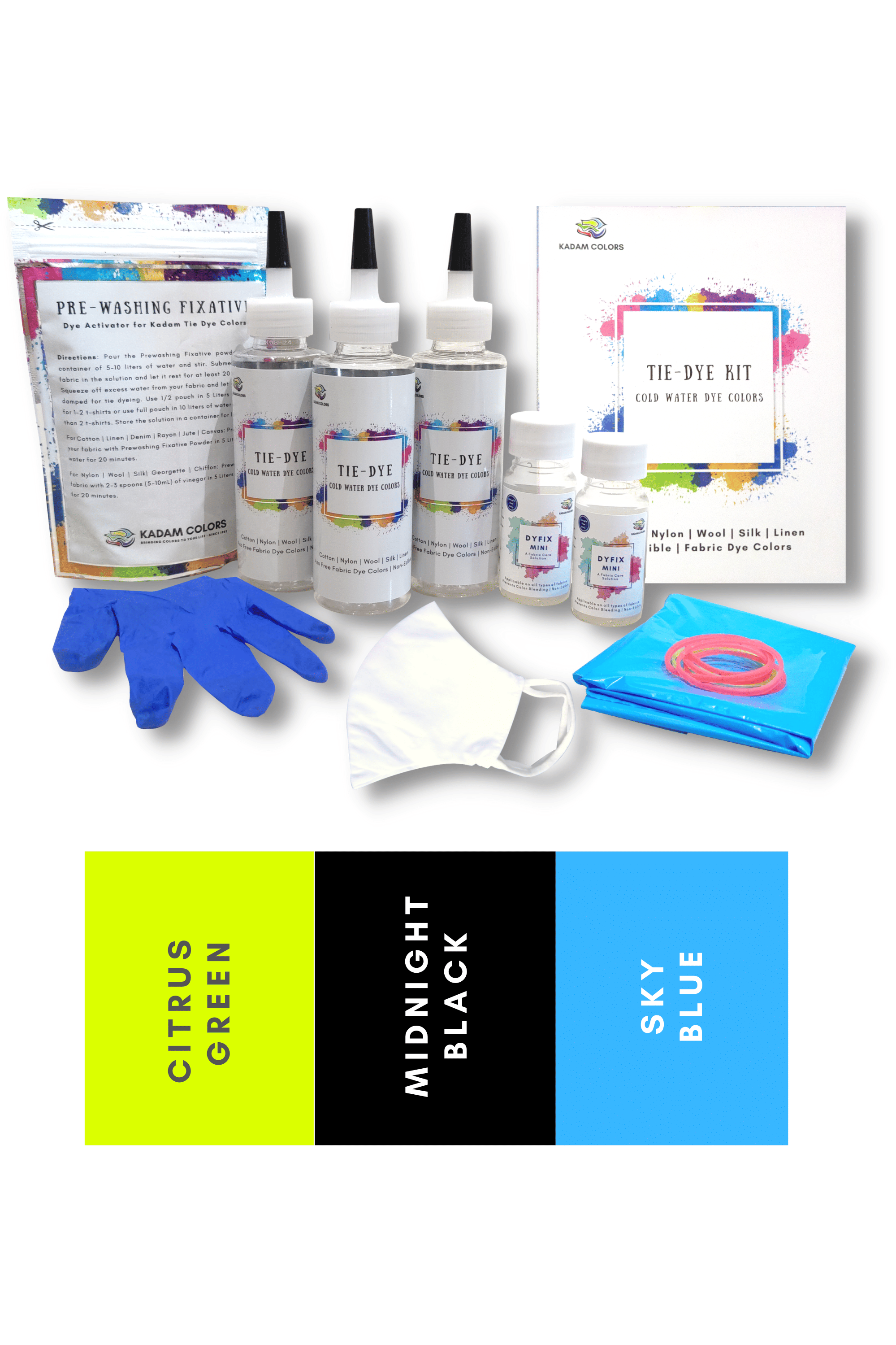     			Kadam Tie Dye Kit, 9 Lush- Citrus Green, Midnight Black, Sky Blue, Dye Activator and Color Fixer Included, Skin Friendly Cold Water Dye Colors
