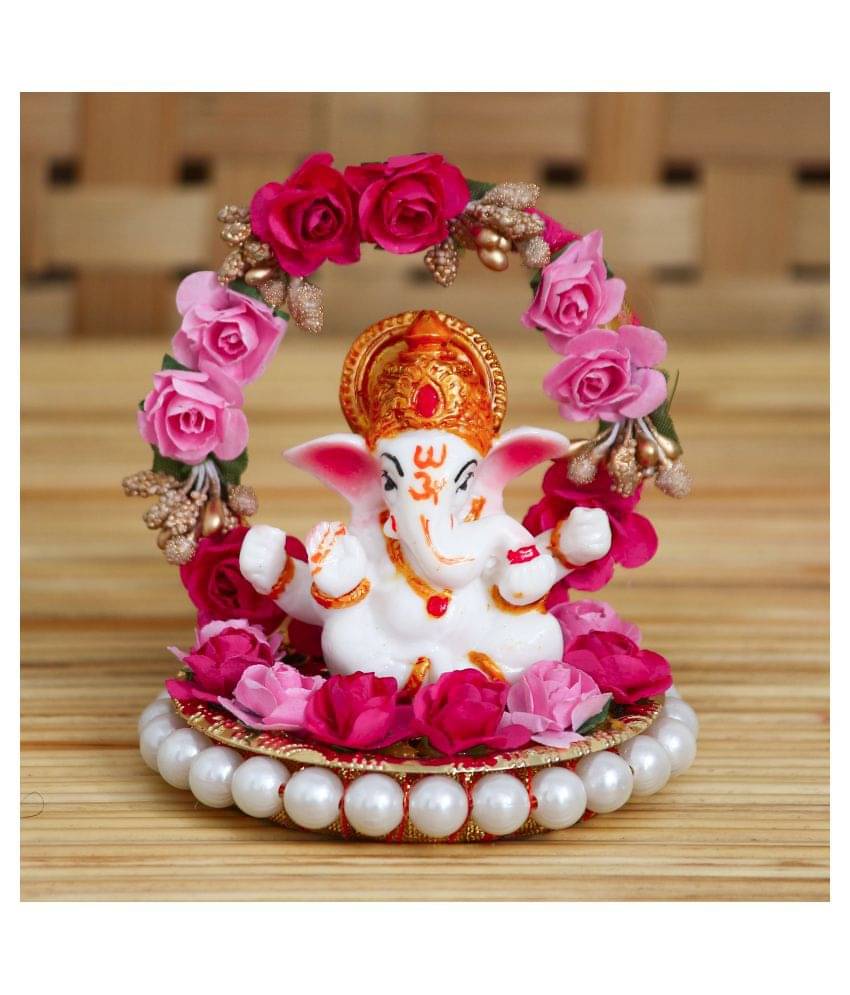 eCraftIndia White & Red Handcrafted Lord Ganesha On Decorative Plate With Throne Of Flowers Showpiece eCraftIndia White & Red Handcrafted Lord Ganesha On Decorative Plate With Throne Of Flowers Showpiece