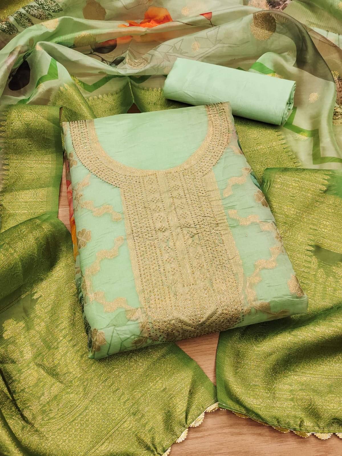 ALSHOP Unstitched Organza Printed Dress Material - Green ( Pack of 1 ) ALSHOP Unstitched Organza Printed Dress Material - Green ( Pack of 1 )