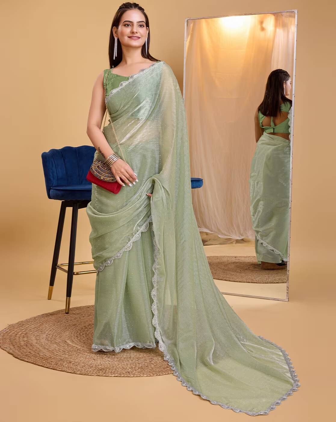     			Aika Net Embellished Saree With Unstitched Blouse Piece ( Turquoise )