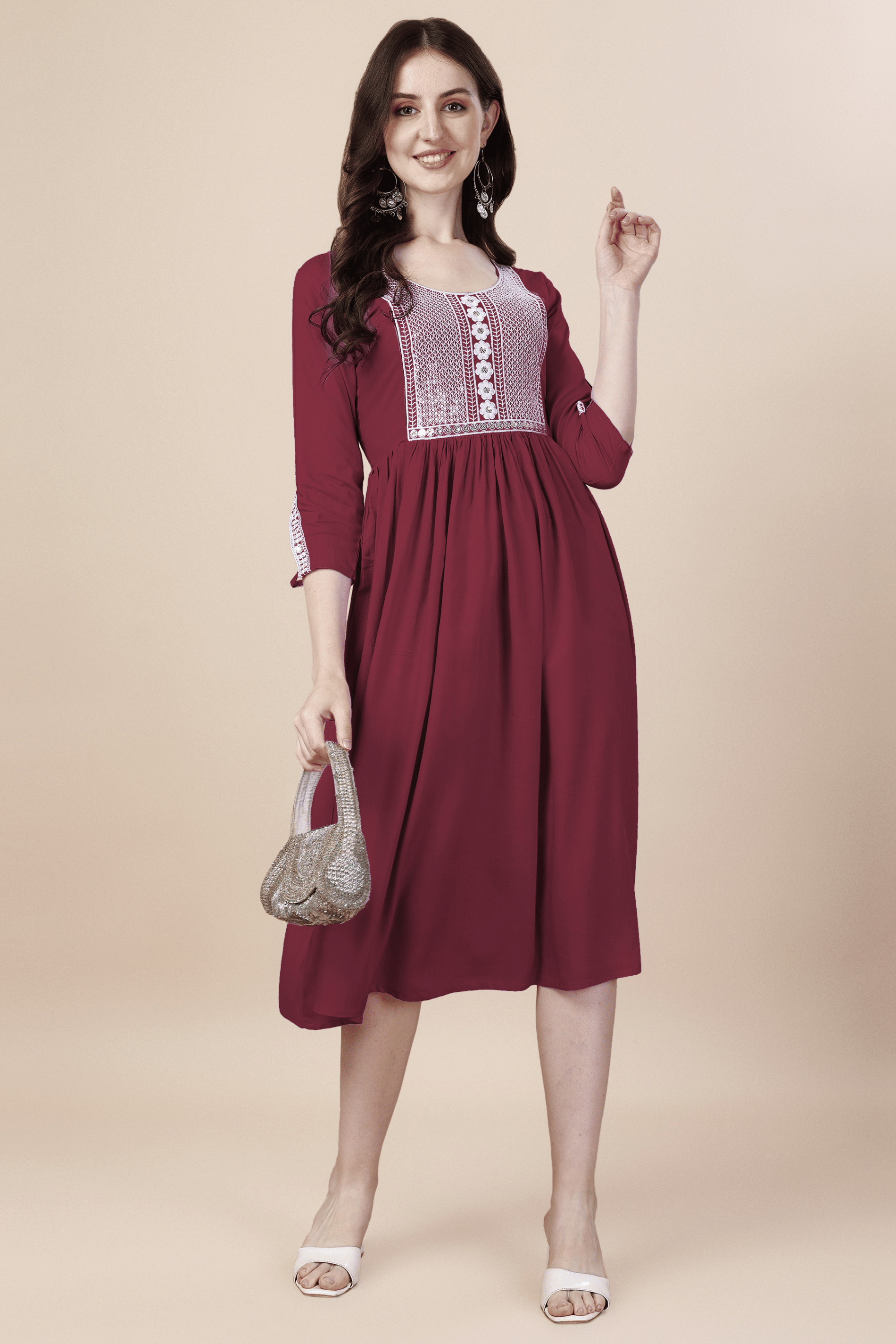     			GOROLY Pack of 1 Rayon Embroidered Flared Women's Kurti - ( Maroon )